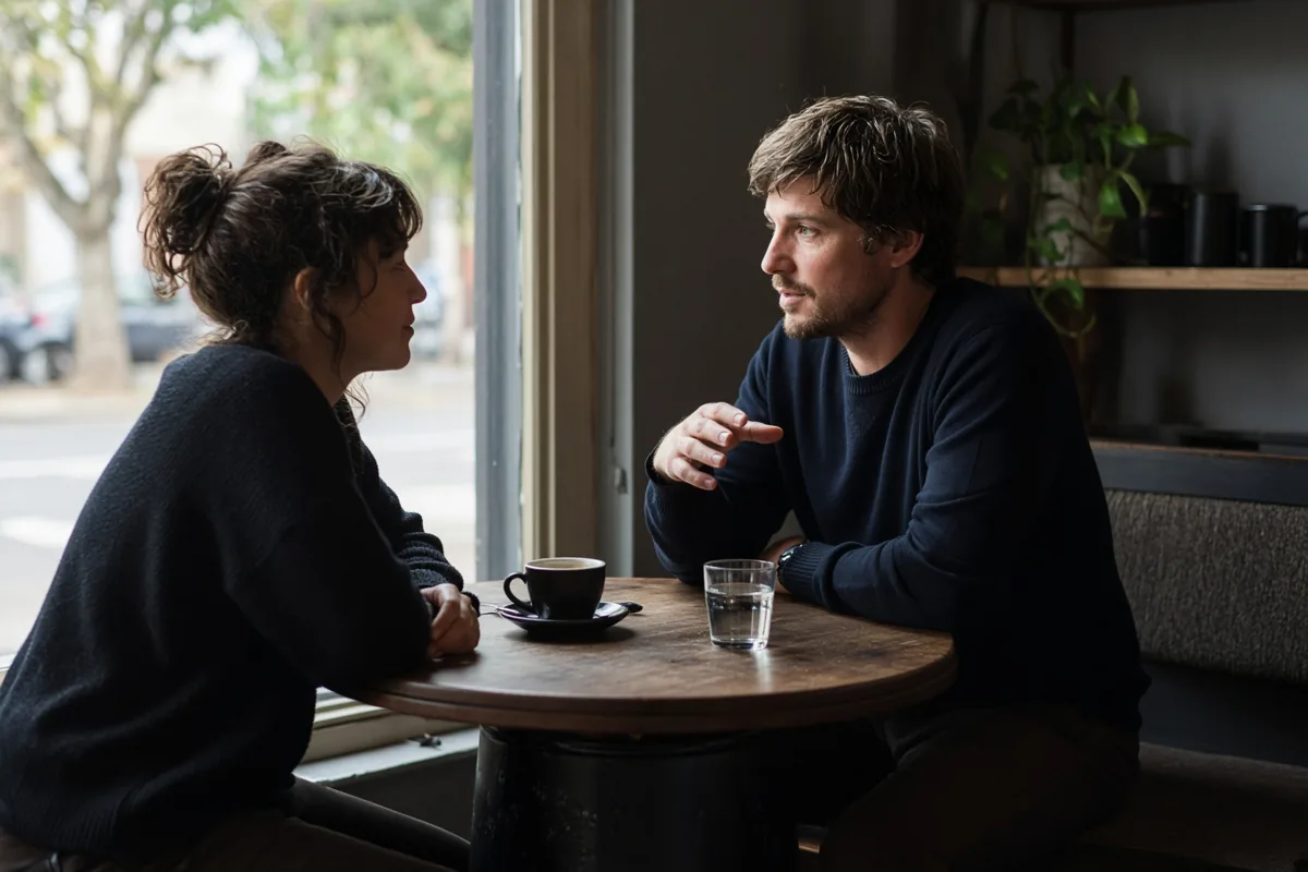 Two people talking across a cafe table