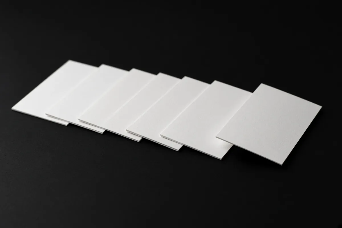 Blank index cards lined up on a black table