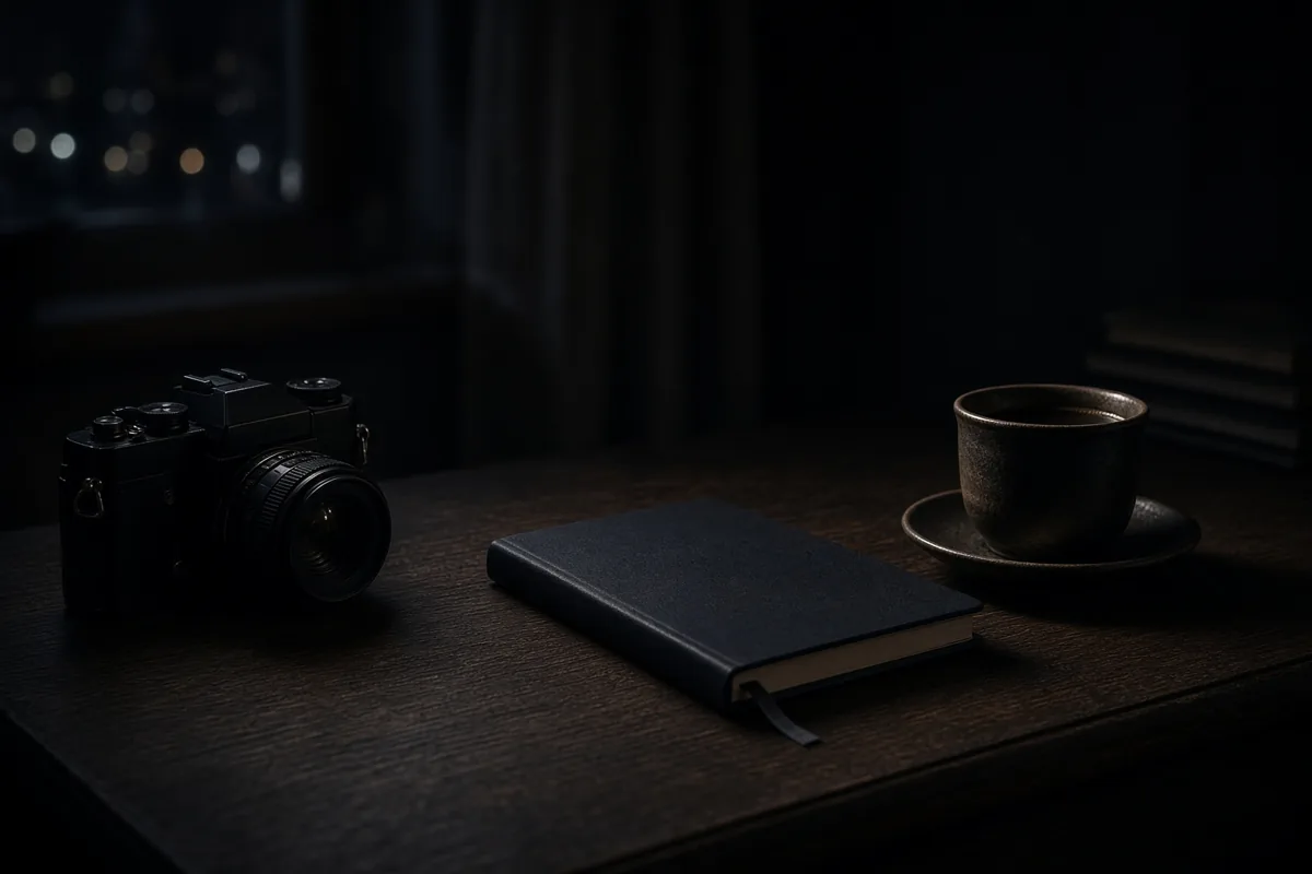 A night desk with a camera, notebook and cup