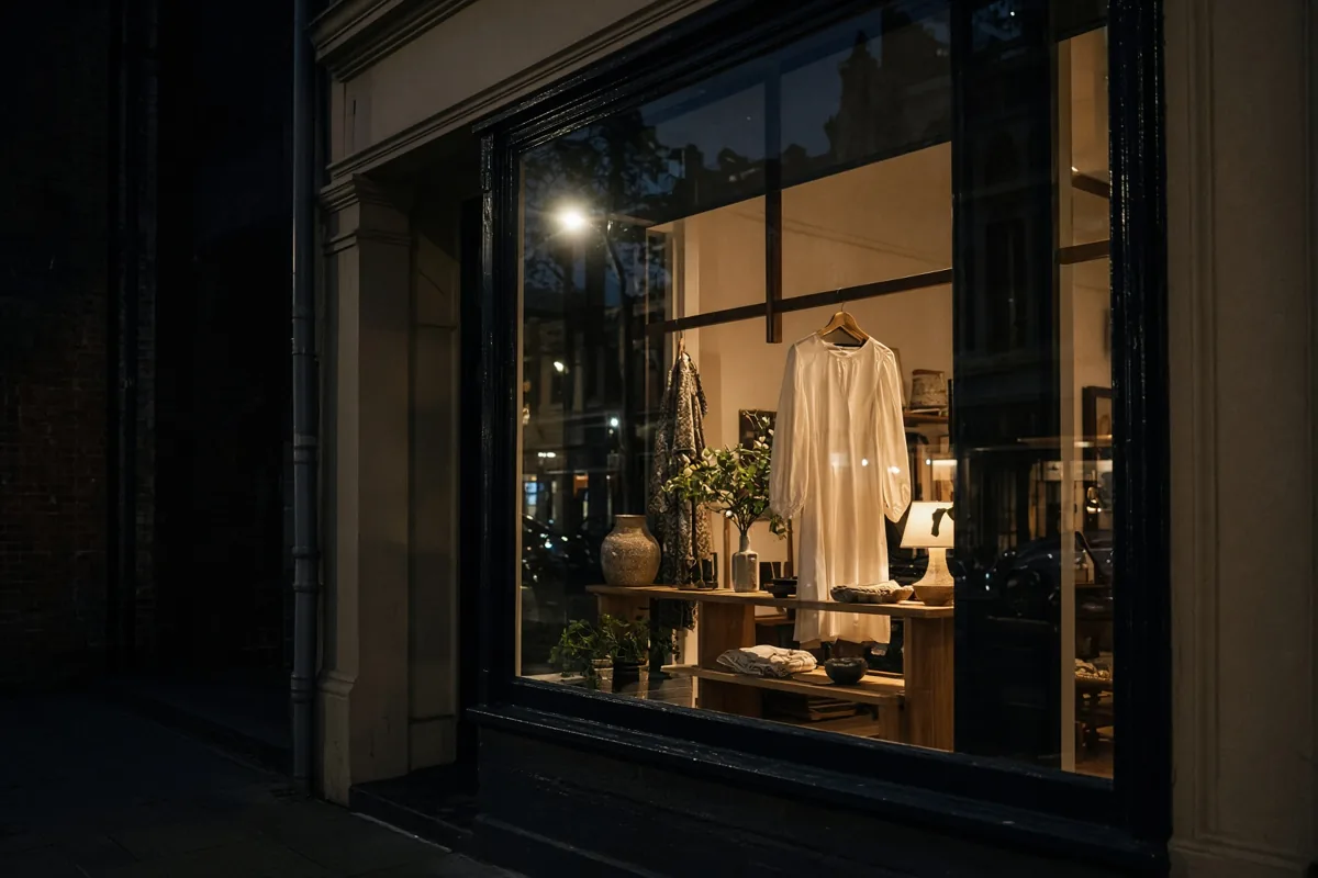 A small shop window lit at night