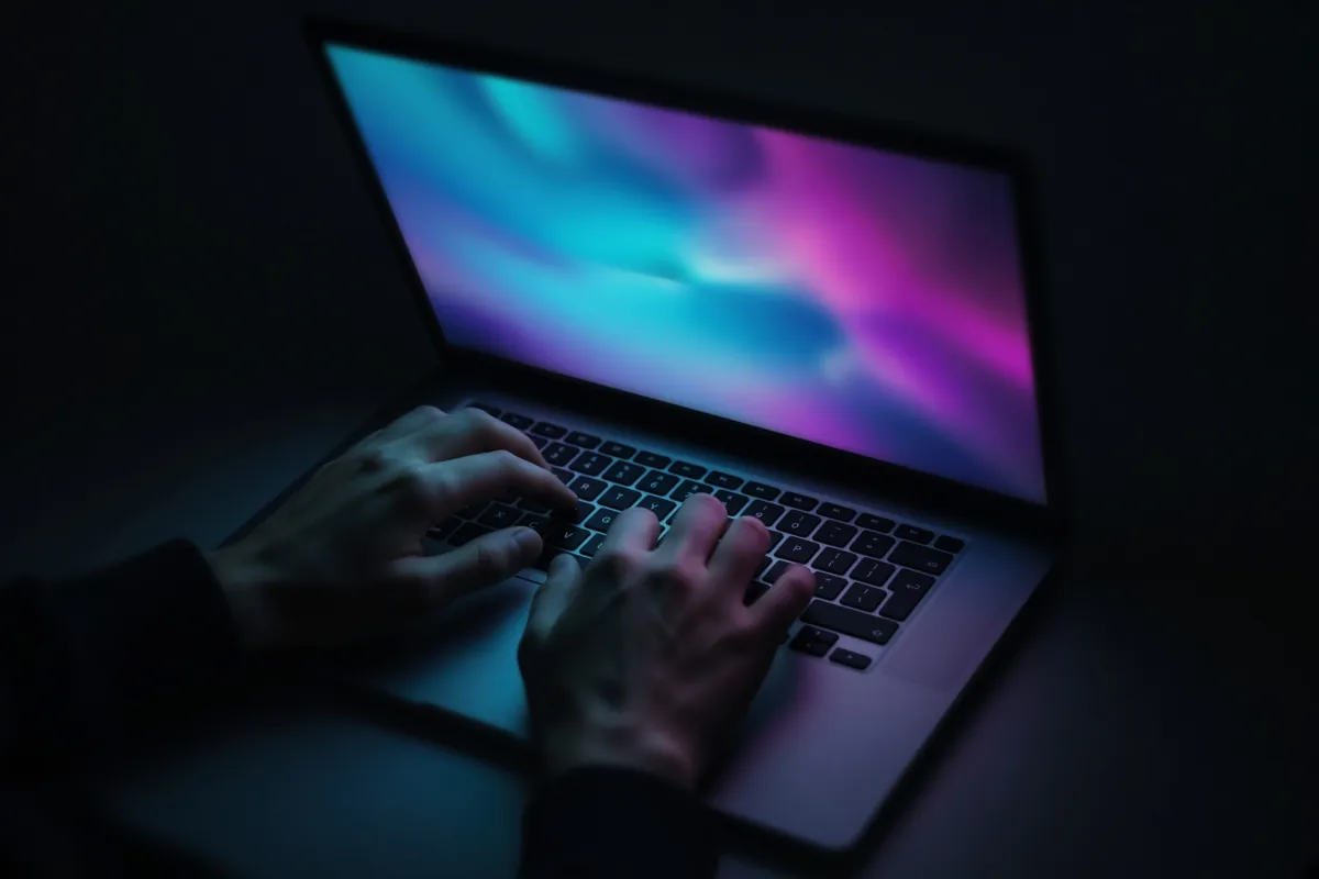 Hands over a laptop in a dark studio