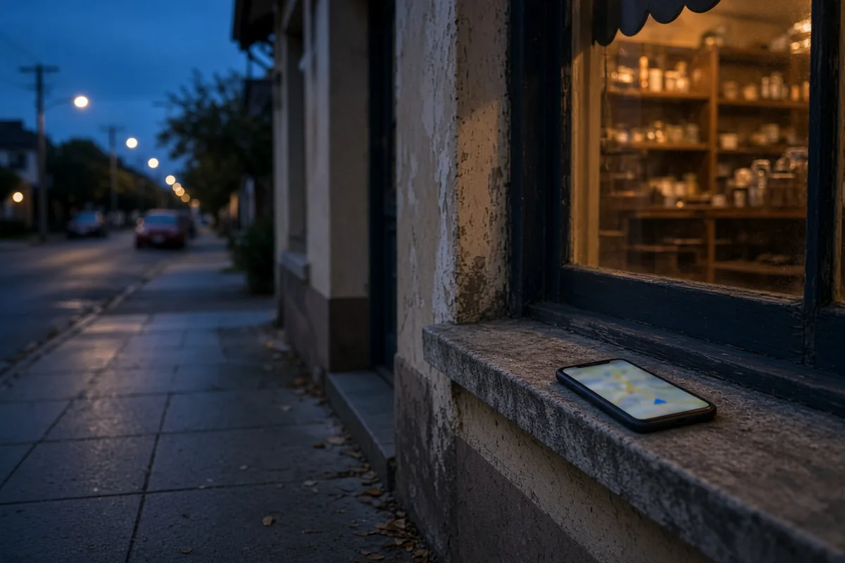 Australian shopfront at dusk with warm light in the window
